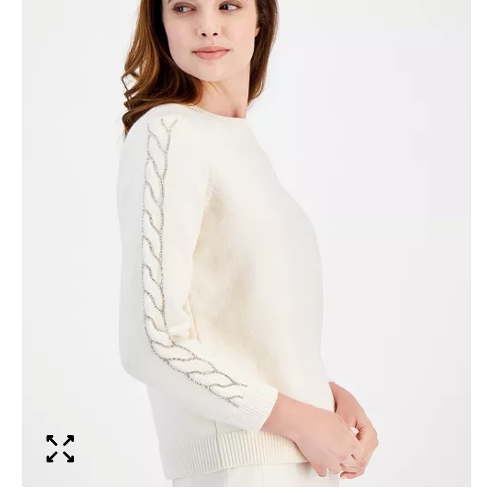 Anne Klein Womens Embellished Ivory Cable Knit Sweater with Silver Accents EUC M